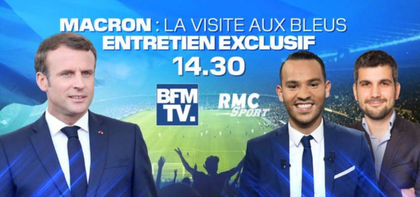 Interview d'Emmanuel Macron sur BFMTV et RMC @ centre technique national du football français. | Clairefontaine-en-Yvelines | Île-de-France | France
